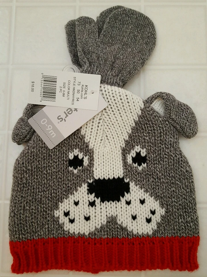 Carter's Infant Baby BOY GIRL Unisex 0-9 MONTHS Hat & Mitten Set DOG #193516