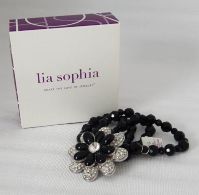 Шикарный черный бусина и кристалл со стразами цветок эластичной браслет Lia София новый с Ярлыками - Изображение 1 из 4