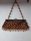 VTG Sequin Purse Shouler Bag With Beaded Handle & Hanging Orange Wooden Jewels 