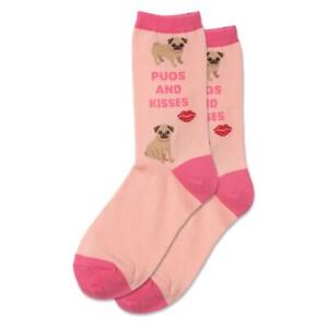 Pugs and Kisses Hot Sox Women's Crew Socks Blush New Novelty Dog Bark Fashion