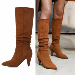 Women's Slouch Pleated Pull On Cone Heel Pointy Toe Knee High Thigh Boots T Show - Picture 1 of 17