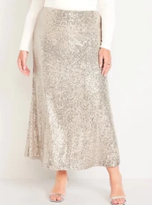 Old Navy XXL High-Waisted Sequin Flared Maxi Skirt Silvershine NWT - Picture 1 of 8