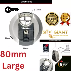 MASTER LOCK 80mm Large Stainless Steel Disc Heavy Duty Padlock Outdoor M50D - Picture 1 of 6