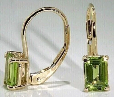 4Ct Emerald Cut Simulated Peridot Drop/Dangle Earrings 14K Yellow Gold Plated - Image 1 of 4
