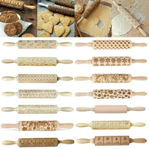 Christmas Wooden Embossing Rolling Pin Engraved Baking Cookies Cake Roller Tool - Picture 1 of 59