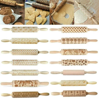 Christmas Wooden Embossing Rolling Pin Engraved Baking Cookies Cake Roller Tool - Image 1 of 4