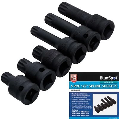 Bluespot 6pc Impact Spline Sockets Bit Set M14 M16 M18 Deep Shallow 1/2" Drive - Image 1 of 3