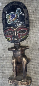 Figura tribale africana in legno primitiva con perline virtilità arte #2 13". Fico fatto a mano - Foto 1 di 11