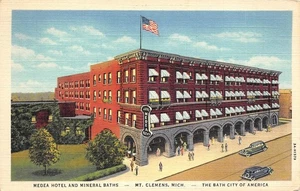 MEDEA HOTEL & BAGNI MINERALI Mt. Clemens, Michigan 1943 cartolina d'epoca in lino - Foto 1 di 1