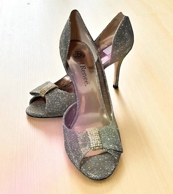 Zapatos de salón J RENEE Skylar Brillo Peltre Plateado Tacones Punta Abierta Talla 10M NUEVO Foto 1 de 4