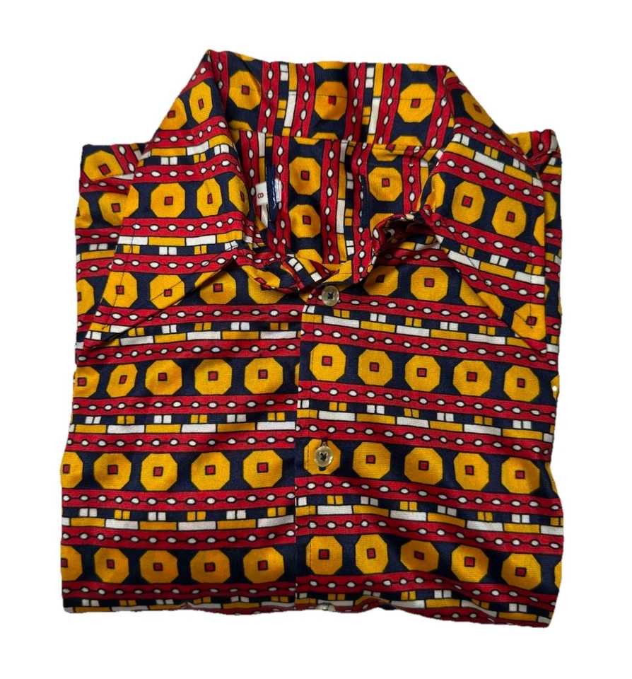 Vintage Multicolor Button Down Dagger Collar Disco Shirt Size S Geometric 70s - Image 1 of 4