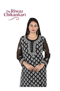 Black Georgette Chikankari Kurti for Women | Handcrafted Lucknowi Kurta - Picture 1 of 5