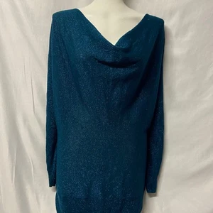 Elle Sweater Blue Metallic Threads  Drop Cowl Neck Bat Wing Sleeves Light Weight - Picture 1 of 12