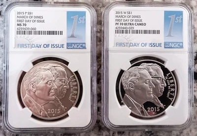 2015 March of Dimes 2 Coin Set Comm Silver Dollar NGC MS & PF 70 FDI Label OGP - Image 1 of 4