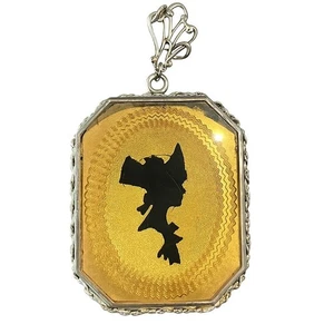 Antiker Art Deco Sterling Guillochierte Silhouette Medaillon Anhänger 20er Jahre gelbe Emaille - Bild 1 von 1