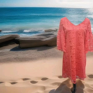 Gabby Skye SZ 8 Coral/Peach Lace Lined Dress with 3/4 Blousy Boho Sleeves Zipper - Picture 1 of 11