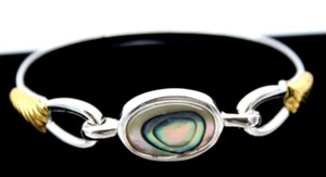 Vintage 1976 Avon SilverTone & GoldTone Abalone Shell Bangle Bracelet + Box - Picture 1 of 18