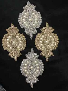 Pearl Gold / Silver Ivory Applique,Motif,Bridal,trim,Wedding,beads 13 X 7.5 CM - Picture 1 of 39