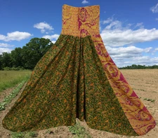 Boho Harem Pants, Hippie Green Pink Paisley Wide Leg Sari Alladin Pants S/M/L