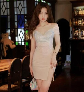 Gorgeous Off Shoulder Diamante Bodycon Mini Gown Sexy Evening Party Prom Dresses - Picture 1 of 14