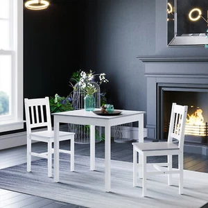 Solid Classic Dining Table and 2 Chairs White Wood Kitchen Dining Room Furniture - Picture 1 of 8