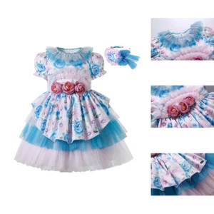 Floral Print Girls Ruffle Lace Dress Christening Party Pageant Summer Pink US - Picture 1 of 12