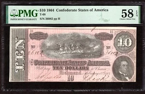 1864 T-68 $10 Confederate States of America Note - PMG 58 EPQ - Picture 1 of 2