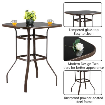 Patio Pub Table Wrought Iron Glass High Bar Bistro Dining Room Kitchen Furniture - Image 1 of 4