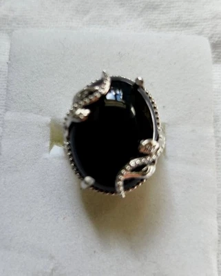  Black Onyx Large Oval Stone Leaf Ring Platunum Plated  Size 6 - Image 1 of 4