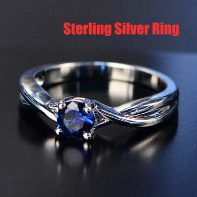  Anillo; Tanzanita Azul Redonda Creada en Laboratorio de 5 mm con Plata de Ley 925 Talla 8 3/4 Foto 1 de 2