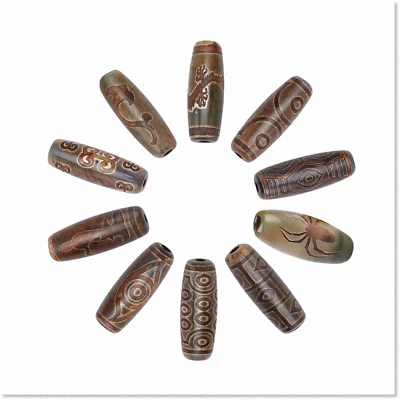 Cuentas de piedra de ágata tibetana - 10 piedras tribales en forma de oliva Dzi con piedras preciosas teñidas Foto 1 de 4