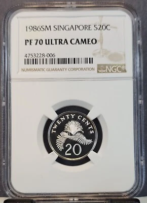 Singapur 1986 plata 20 centavos planta de soplo en polvo NGC PF 70 ultra camafeo perfecto Foto 1 de 3