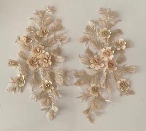 Mirror Pair champagne 3d floral lace applique embroidered sequins lace motif - Picture 1 of 12
