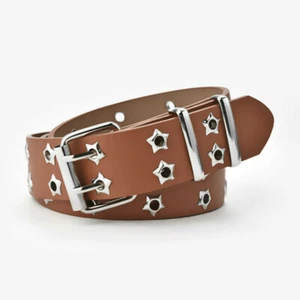 Womens Star Grommet Belts Studded PU Leather Holes Punk Unisex Waistbands White - Picture 1 of 15