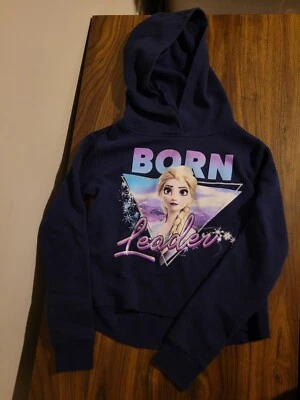 Justice Girls BORN LEADER Elsa Frozen Cutoff Hooded Sweatshirt Blue Size 10 Read - Image 1 of 4