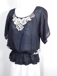 JOIE Mujer Negra Con Bordado Escote Cuchara SS Cintura Elástica Poeta Blusa Talla S - Imagen 1 de 7