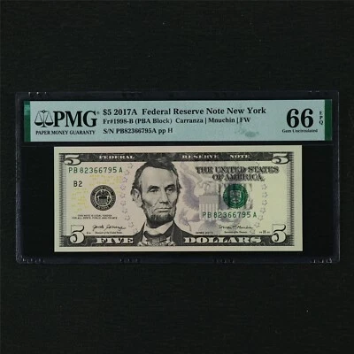 2017A Federal Reserve Note New York 5 Dollars Fr#1998-B PMG 66 EPQ Gem UNC - Image 1 of 4