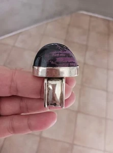 Sterling Silver Large Shugilite or Charoite Cabochon Stone Scarf Slide Ring - Picture 1 of 10