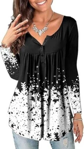 Women's Snowflake Print Long Sleeve V-neck Loose Fit Christmas Tunic Top - XL - Picture 1 of 6