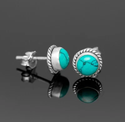 Elegant 925 Sterling Silver Turquoise Round Earrings Studs Gemstone Gift Boxed - Image 1 of 4