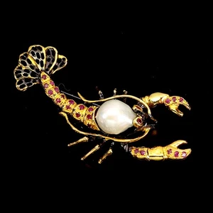 Broche Colgante De Plata Esterlina 925 Con Rubí Redondo Y Perla Joya De Langosta - Imagen 1 de 13