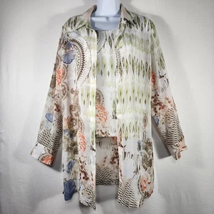 Chicos Blouse Tank Set Sz 1 Black Label Floral Art 2 Piece Roll Tab Sleeves - Picture 1 of 22