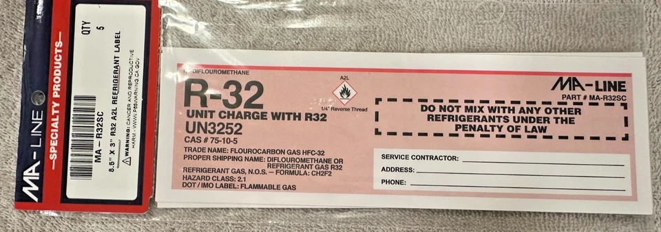 STICKER, R32, A2L Refrigerant 5 Pack Equipment Labels, MA-Line #MA-R32SC
