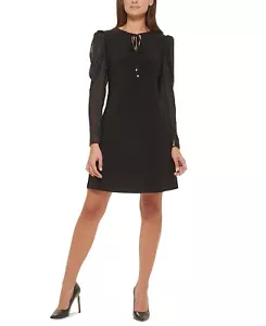 Tommy Hilfiger Women's Black Mixed Media Tie-Neck Dress - 6 - Black - Picture 1 of 4