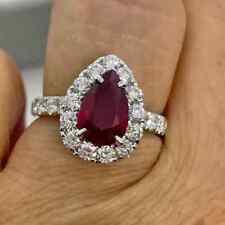 Lab-Created Red Ruby 1.80Ct Pear Cut Halo Engagement Ring 14K White Gold Plated