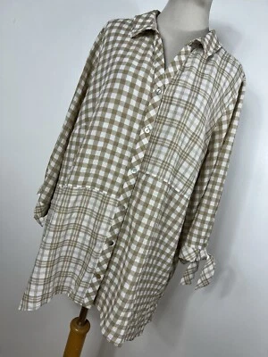 Susan Graver 1X Camisa Top Beige Tostado Blanco Cuadros Botón Frontal Túnica Manga 3/4 L1 Foto 1 de 4