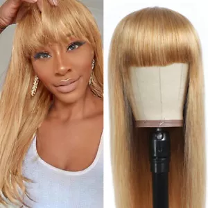 Golden Blonde Human Hair Wigs with Bangs Virgin Indian Remy Full Machine Wig #27 - Picture 1 of 8