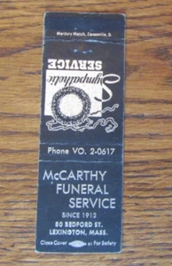 CUBIERTA DE LIBRO DE CERILLAS PARA FUNERARIAS McCARTHY: LEXINGTON, MASSACHUSETTS MATCHCOVER -C10 - Imagen 1 de 1