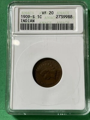 1909 S Indian Head 1C VF20 ANACS Old Holder Rare Low Mintage - Image 1 of 2