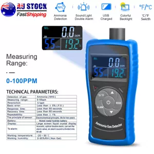 Ammonia Gas Detector NH3 Gas Temp Tester Rechargeable Colored LCD Display 100ppm - Bild 1 von 10